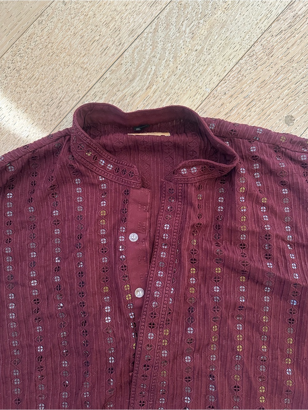 Men's sari palace kurta Long Sleeve Band Collar Shirt - Burgundy sequin - Picture 2 of 7